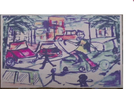 a colorful drawing of a street scene with cars and buildings