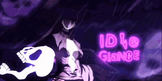 a cartoon character with a skull and the words idle glance behind her