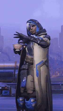a video game character is holding a cup of coffee