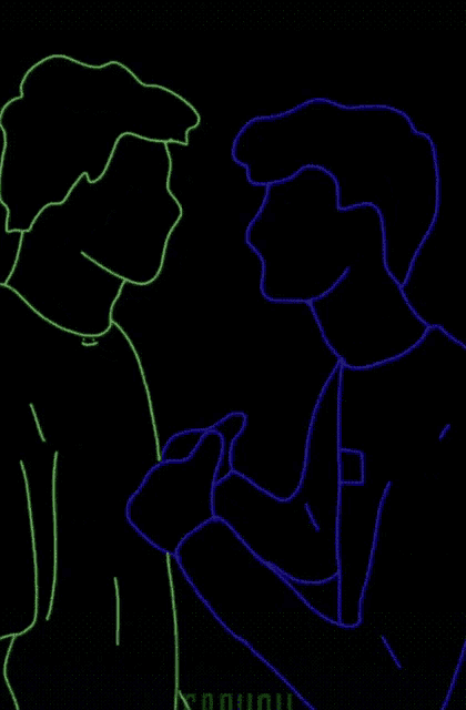 a drawing of two men standing next to each other in the dark .