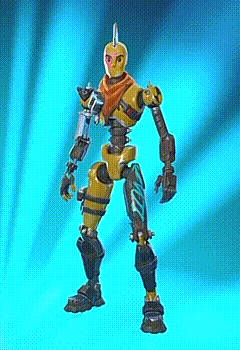 a toy robot with a skull on his head is standing on a blue background .