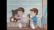 two children are playing with a teddy bear in a living room .