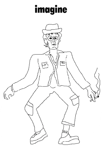 a black and white drawing of a man holding a cigarette with the word imagine above him