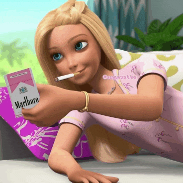 a barbie doll holding a pack of marlboro cigarettes