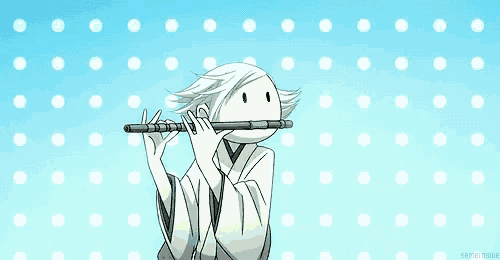 a boy in a kimono is playing a flute in front of a blue background with white polka dots .