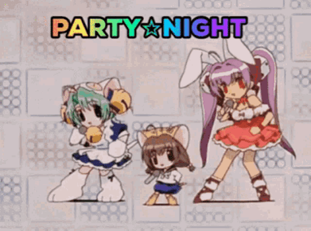 three anime girls are dancing in front of a wall that says party night on it
