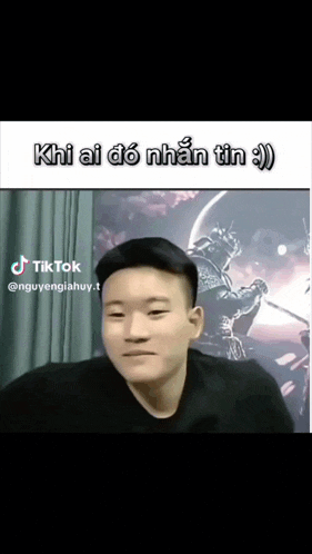 a tiktok video of a man with a picture of a samurai on the wall