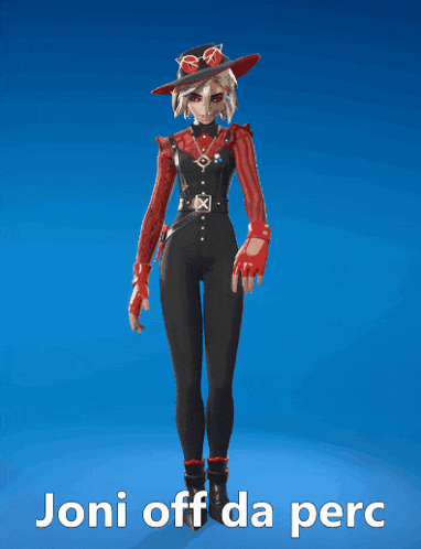 a video game character is standing in front of a blue background and says joni off da perc