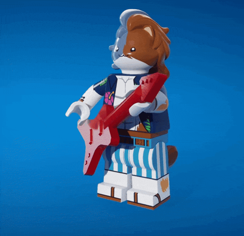 a lego figure is holding a red guitar with a blue background