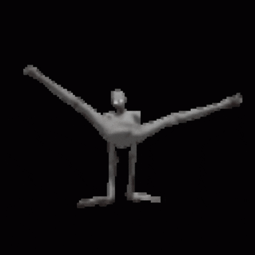 a pixel art of a person doing a split on a black background