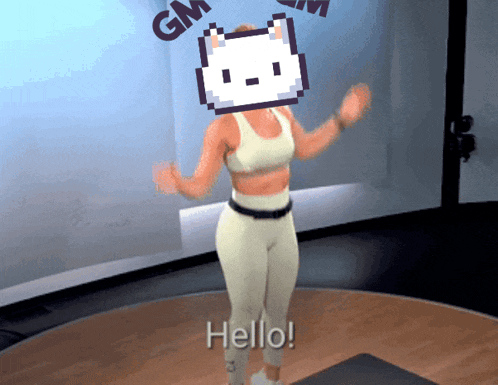 a woman with a pixelated cat on her head is dancing and says hello