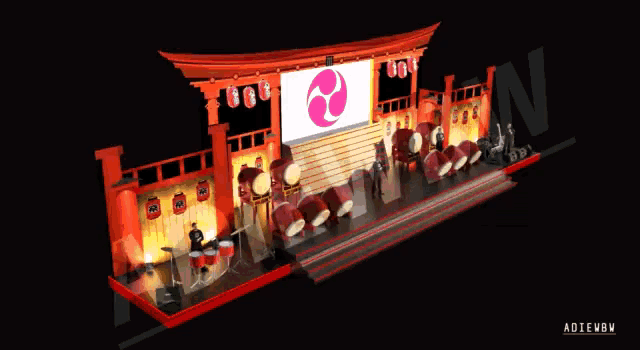 a 3d rendering of a stage with drums and lanterns and the letters aotevbm on the bottom