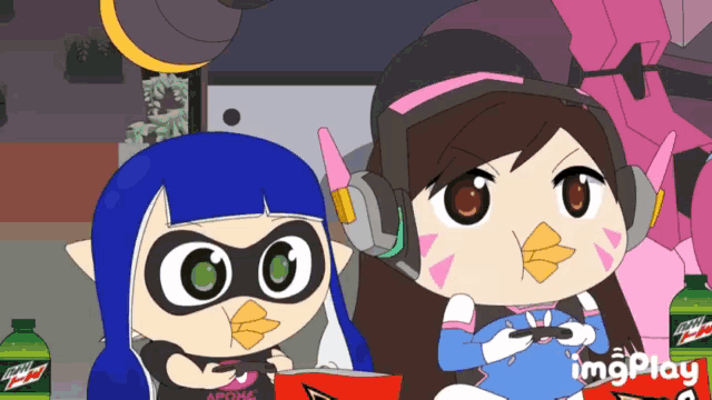 a cartoon of a girl playing a video game and eating chips