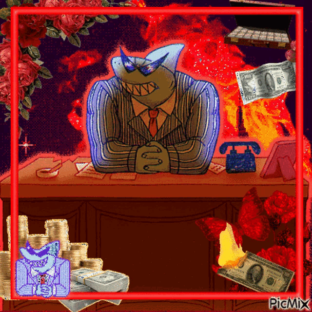 a cartoon of a man sitting at a desk with a stack of money in front of him and the words picmix on the bottom