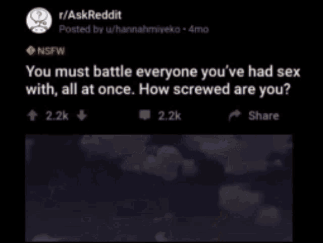 a screenshot of a post on askreddit that says you must battle everyone you 've had sex with all at once