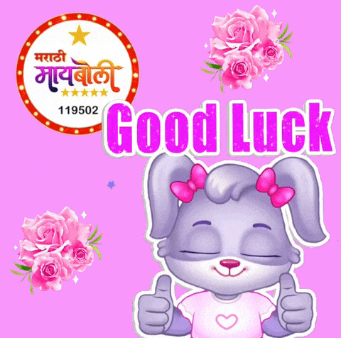 a picture of a raccoon giving a thumbs up and the words good luck in pink