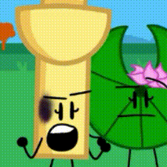 a cartoon character with a purple eye is standing next to a green leaf with a flower in it .