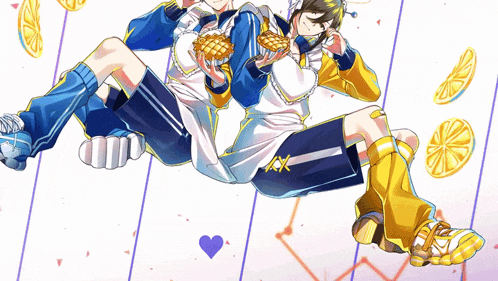 a couple of anime characters are sitting next to each other and one of them has the letter x on their shorts