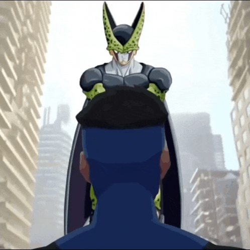 a cartoon of a cell standing over a man 's head in a city