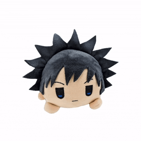 a stuffed animal with black hair and a blue eye