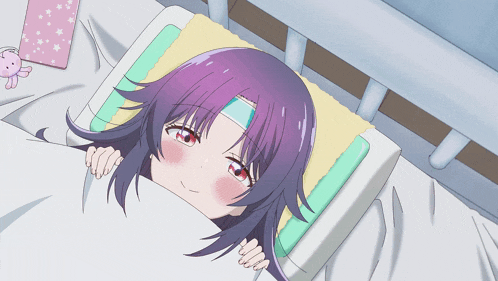 a girl with purple hair and red eyes is laying in a hospital bed