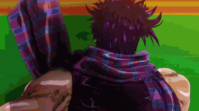 a pixel art of a man with purple hair and a plaid scarf around his neck