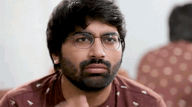 a man with a beard wearing glasses and a maroon shirt with birds on it