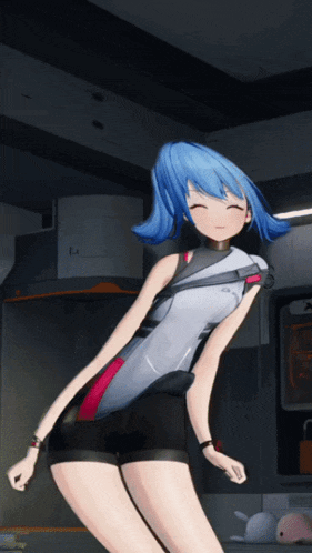 a girl with blue hair is standing in a room
