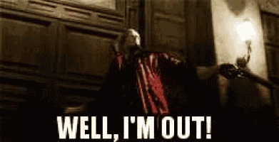 a man in a red shirt is holding a gun and saying `` well , i 'm out ! '' .
