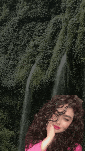 a woman with curly hair is standing in front of a waterfall and the words hos geldi