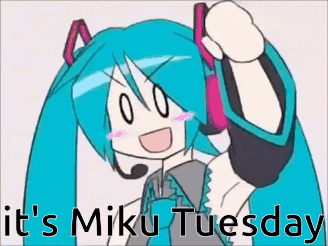 a cartoon of a girl with headphones and the words it 's miku tuesday on the bottom