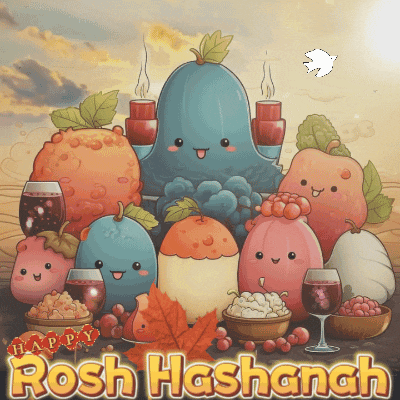a rosh hashanah poster with a bunch of fruits and vegetables