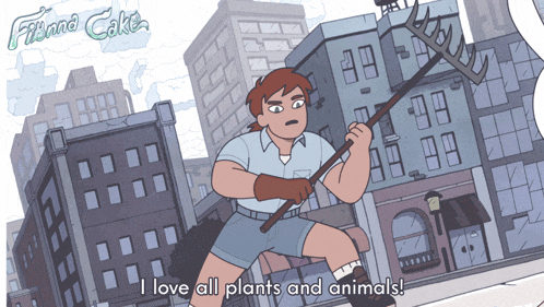 a cartoon of a man holding a rake with the words i love all plants and animals below him