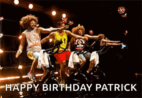 a group of people are dancing on a stage with the words happy birthday patrick written below them