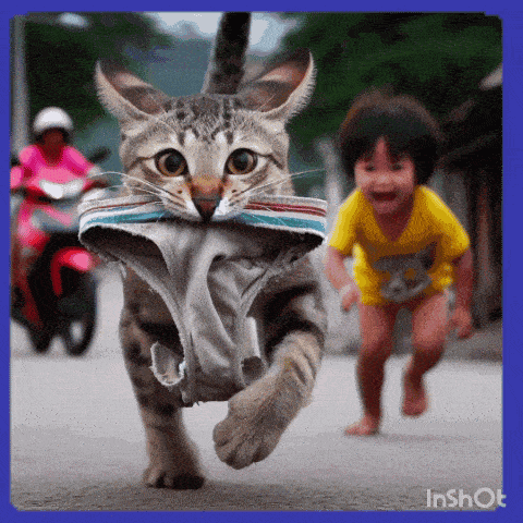 a cat is carrying a pair of underwear in its mouth as a child runs behind it