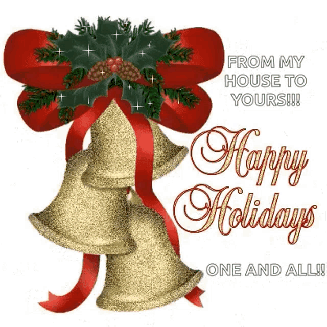 a christmas greeting card with bells and a red bow .