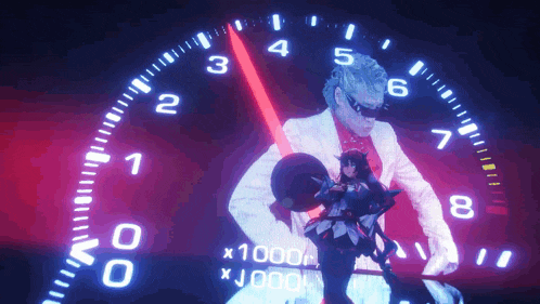 a man and a woman standing in front of a speedometer that says 1000