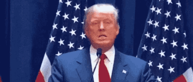 donald trump is making a funny face while standing in front of an american flag .