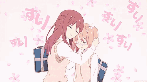 two anime girls are hugging each other with flowers in the background
