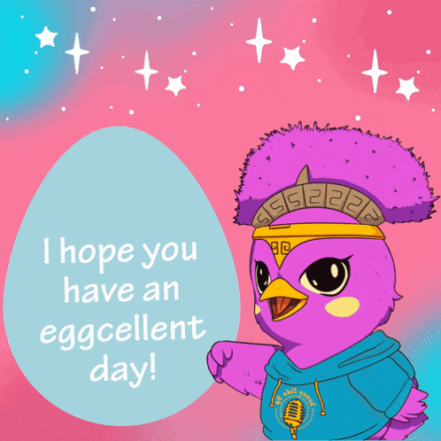 a purple bird with a greek key headband says i hope you have an eggcellent day !