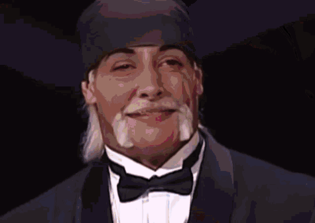 a man wearing a tuxedo and bow tie looks at the camera