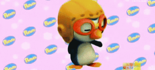 a cartoon bird wearing glasses and a helmet with the word pororo on the bottom
