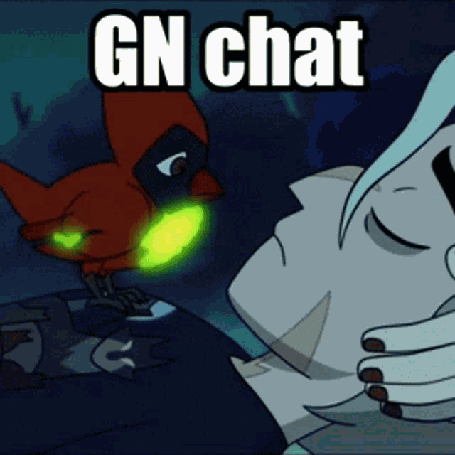 a cartoon of a man sleeping with the words gn chat written above him