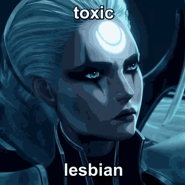 a painting of a woman with a crescent moon on her head and the words toxic lesbian below her