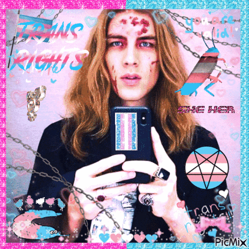 a picture of a man taking a selfie with the words trans rights written on the bottom