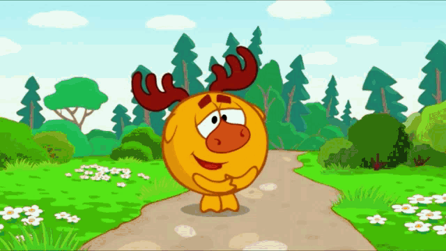 a cartoon character with antlers standing on a path