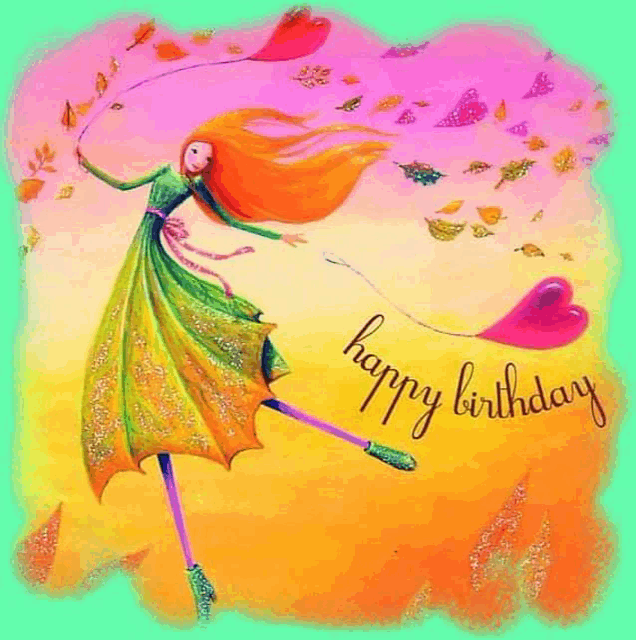 a birthday card with a girl holding a heart shaped balloon and the words happy birthday