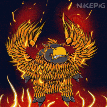 a cartoon drawing of a flaming monster with the name nikepig on the bottom right