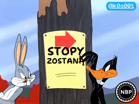 bugs bunny and daffy duck are looking at a stopy zostana sign