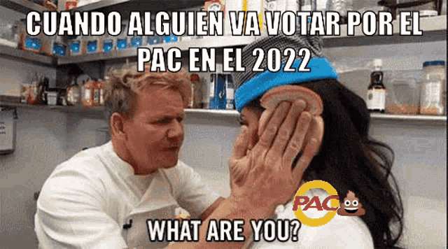 a man is covering a woman 's face with a piece of bread and asking what are you ?